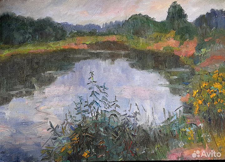 Картина пейзаж с водой масло вечер на реке Оять