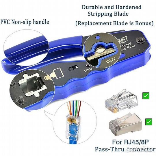 Обжималка для проходных коннекторов rj45