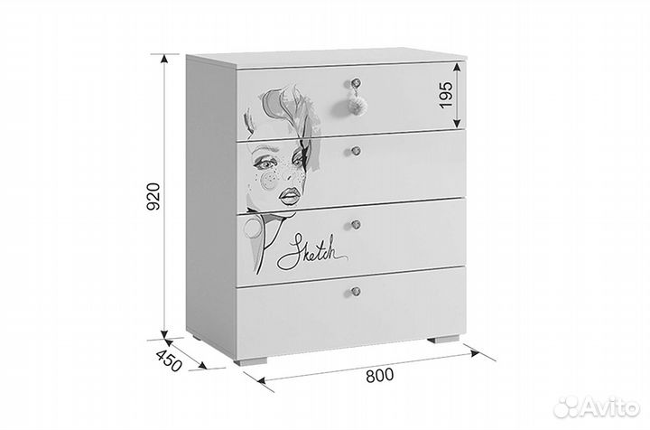 Гламур Комод (белый/белый глянец)