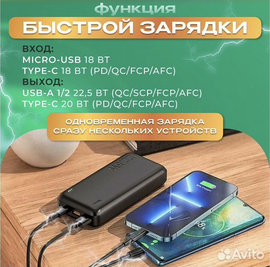 Паурбанк быстрая зарядка портативная 20000 мАч