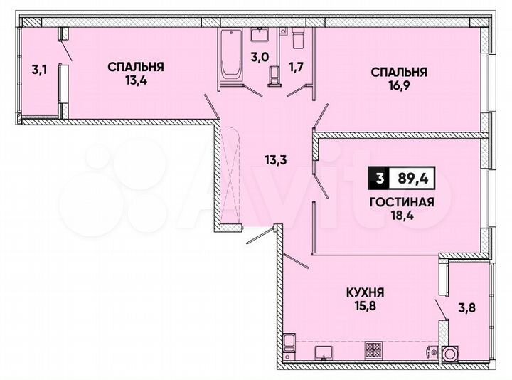 3-к. квартира, 89 м², 8/16 эт.