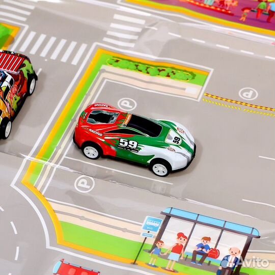 Набор машинок 'Безумные гонки', металлические, инерция, игровой коврик, в детском ящике на колёсах с