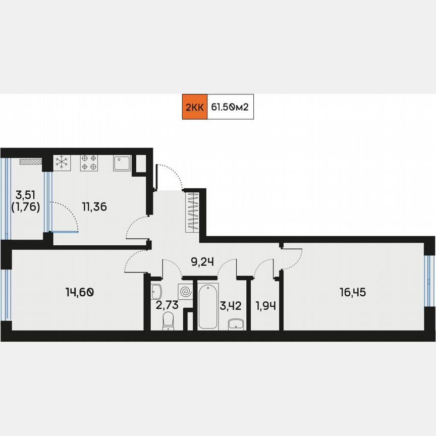 2-к. квартира, 61,6 м², 3/9 эт.