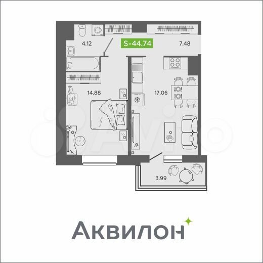 1-к. квартира, 44,7 м², 12/16 эт.
