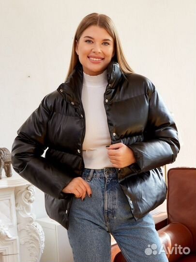 Куртка кожаная пуховик эко кожа черная