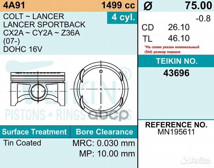 Комплект поршней 4A91 +0.50 43696050 teikin