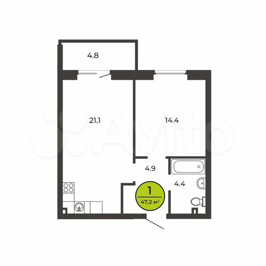 1-к. квартира, 47,2 м², 1/9 эт.
