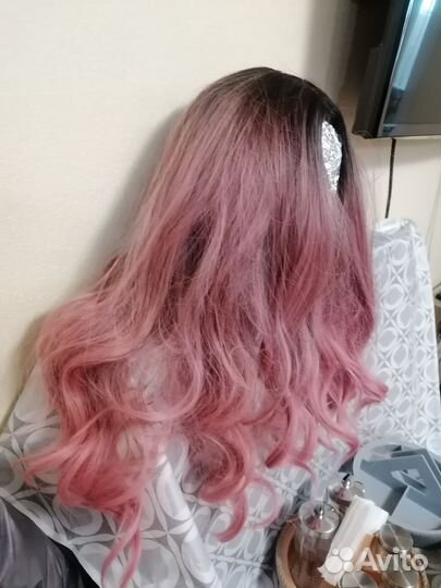 Парик розовый, амбре, длинные локоны