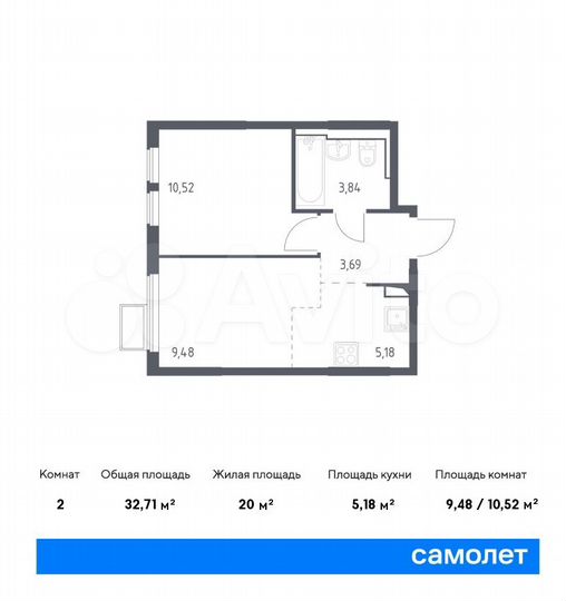 2-к. квартира, 32,7 м², 14/14 эт.