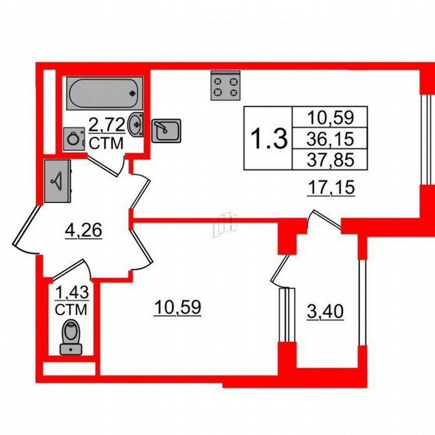 1-к. квартира, 36,2 м², 1/4 эт.