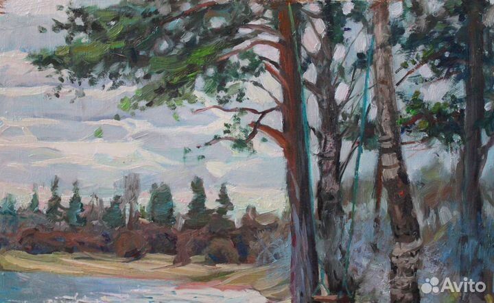 Старинная картина пейзаж маслом лес река деревья