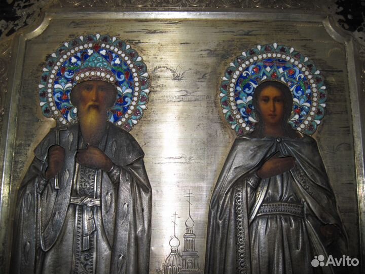 Икона 19 век Владимир и Екатерина 27х22.5 серебро