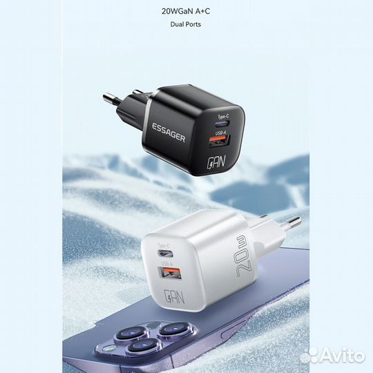 Зарядное устройство 1xUSB-C, 1xUSB-A, PD 20W, QC 3
