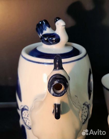 Чайник кофейник Петух Курочка Гжель + 6 чашек