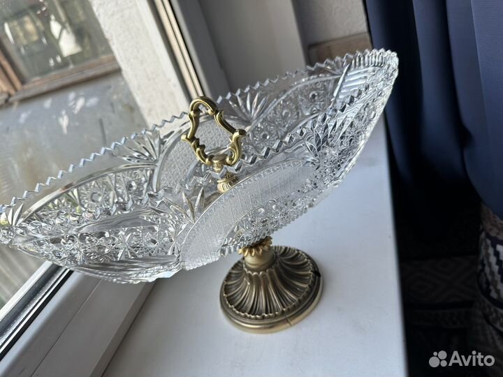 Ваза для фруктов ладья хрусталь бронза