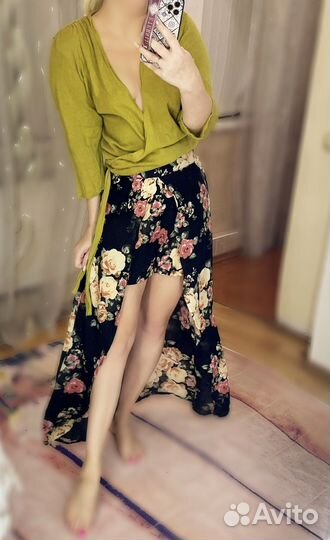 Цветочные летящие бохо шорты со шлейфом М