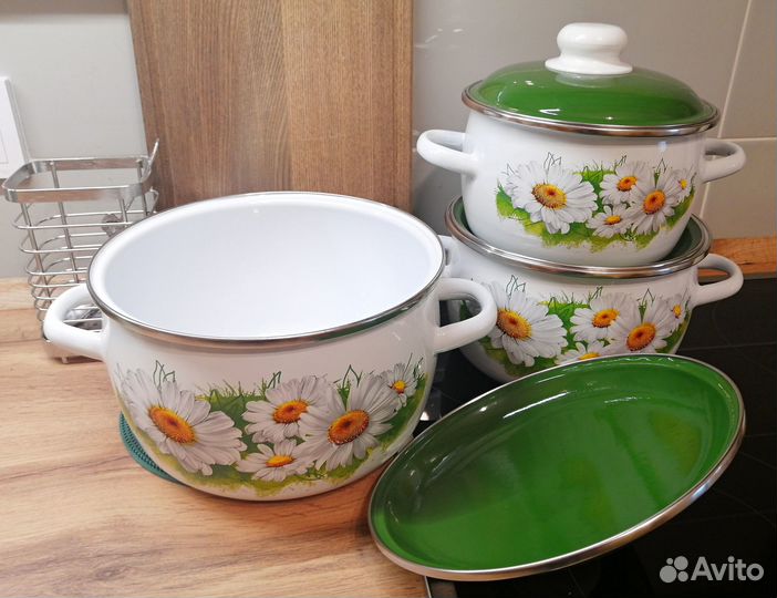 Набор эмалированных кастрюль Ромашки лето