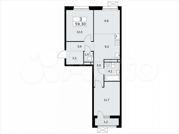 3-к. квартира, 59,3 м², 5/9 эт.