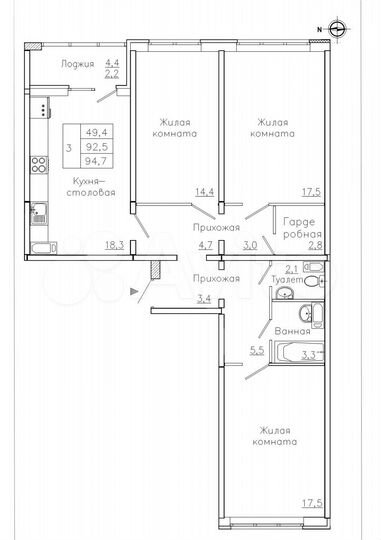 3-к. квартира, 94,7 м², 9/18 эт.