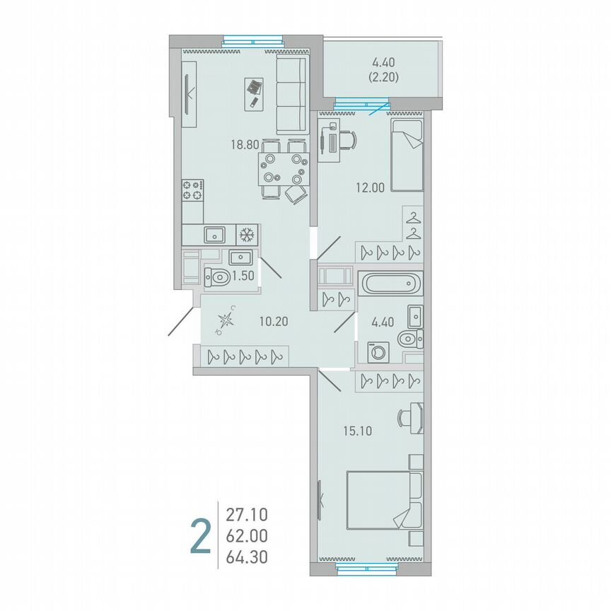 2-к. квартира, 64,3 м², 6/17 эт.