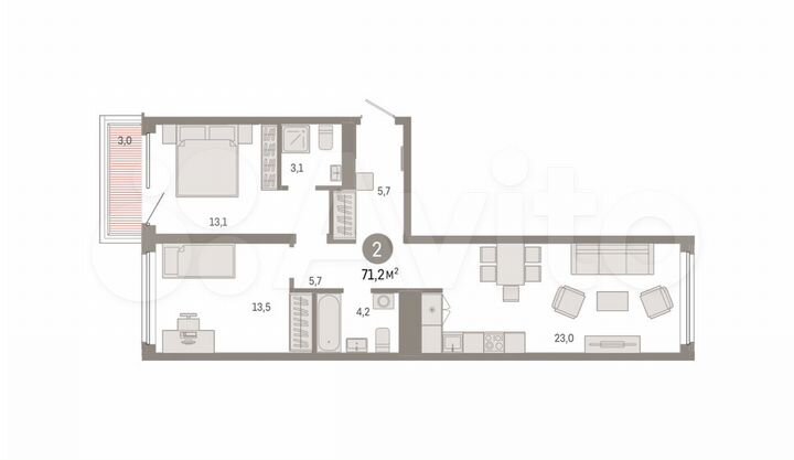 2-к. квартира, 71,2 м², 5/8 эт.