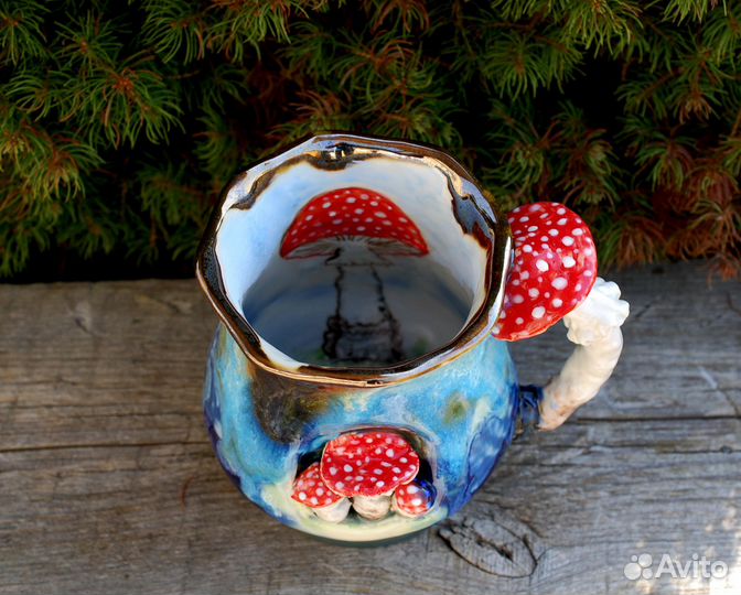 Большая Кружка с декором Грибы Ручная работа