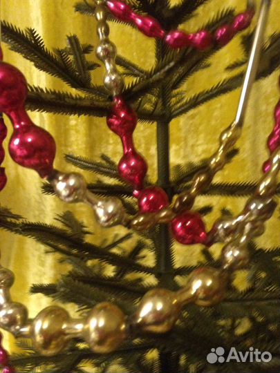 Елочные бусы из стекла, в 5 рядов. Старинные