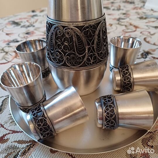 Новый набор штоф, рюмки и поднос мельхиор СССР