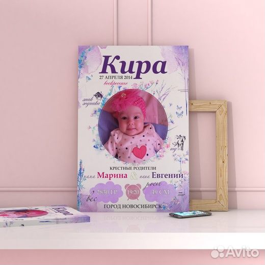 Детские метрики на холсте, печать