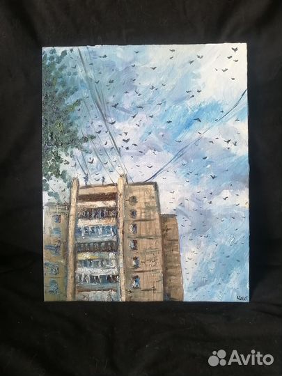 Картина маслом городской пейзаж панельный дом