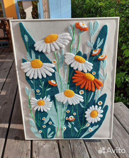Картина панно ручная ковровая вышивка ромашки