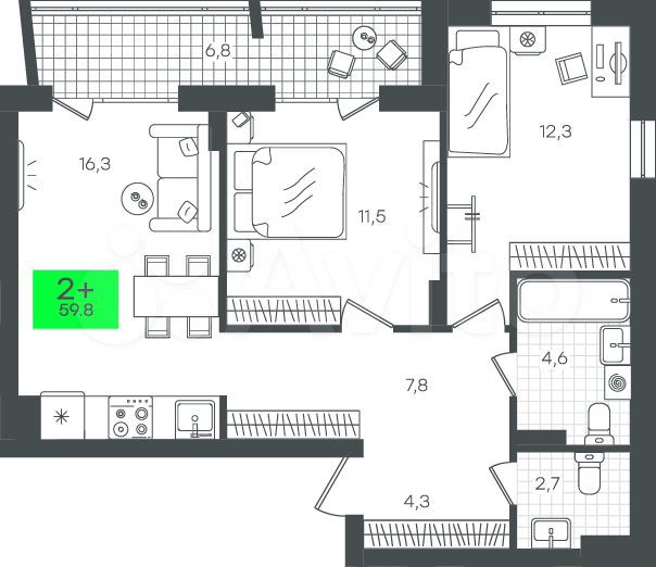 2-к. квартира, 59,8 м², 4/16 эт.