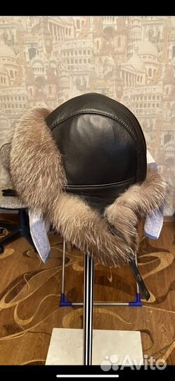 Шапка мужская нат. кожа + мех чернобурки