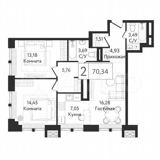 2-к. квартира, 70,3 м², 14/23 эт.