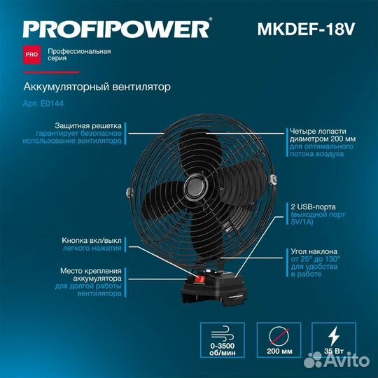 Вентилятор аккумуляторный Profipower 18В