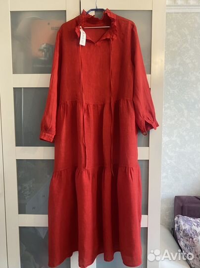 Новое Свободное Платье Лен р.52-56 Италия Красный