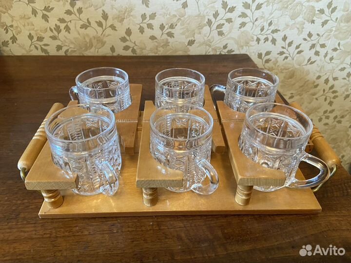 Хрустальные кружки СССР в деревянной подставке
