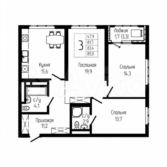 3-к. квартира, 83,4 м², 8/24 эт.