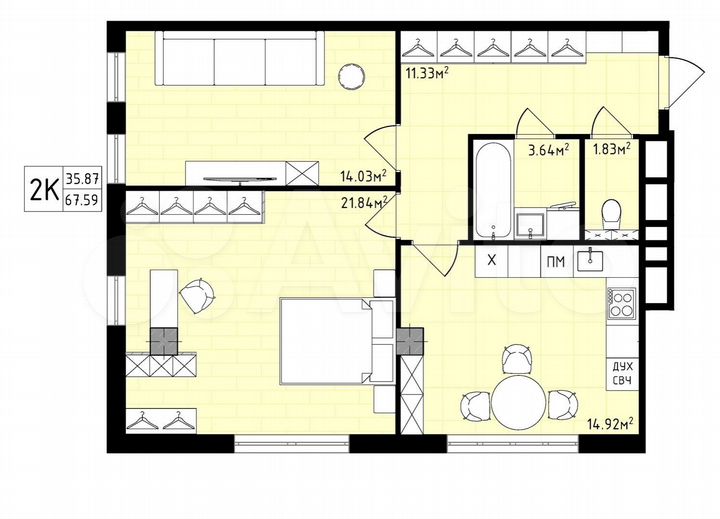 2-к. квартира, 67,6 м², 7/16 эт.