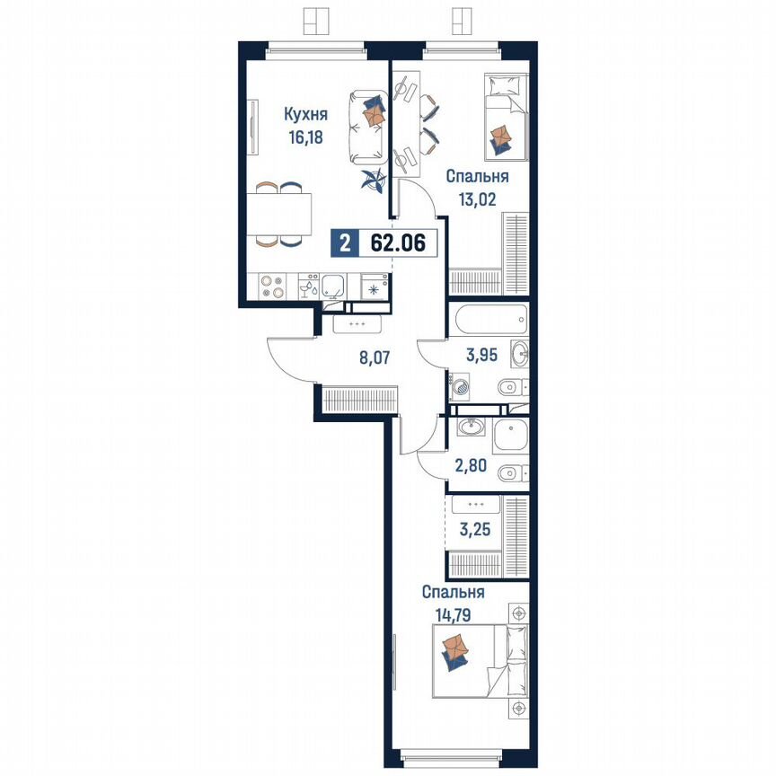 2-к. квартира, 62,1 м², 7/18 эт.