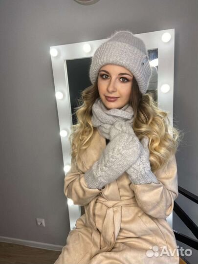 Шапка и снуд, варежки из пуха норки