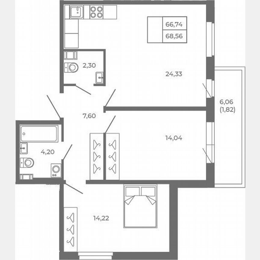 3-к. квартира, 66,7 м², 2/4 эт.