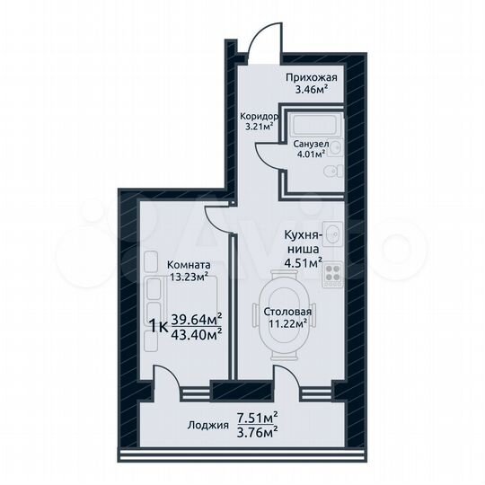 1-к. квартира, 43,4 м², 9/10 эт.