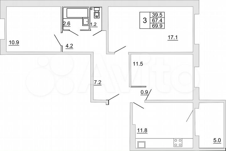 3-к. квартира, 69,9 м², 5/10 эт.