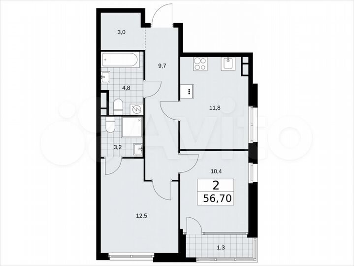 2-к. квартира, 56,7 м², 7/16 эт.