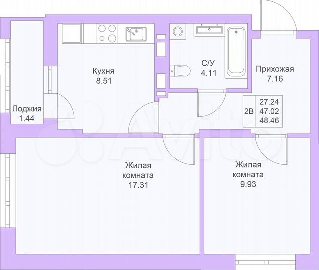 2-к. квартира, 48,5 м², 12/25 эт.