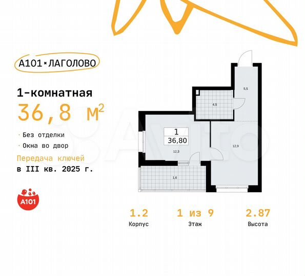 1-к. квартира, 36,8 м², 1/9 эт.