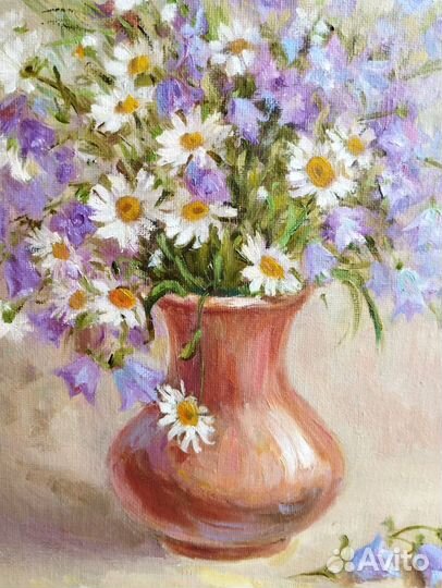 Картина маслом с цветами. Ромашки и колокольчики