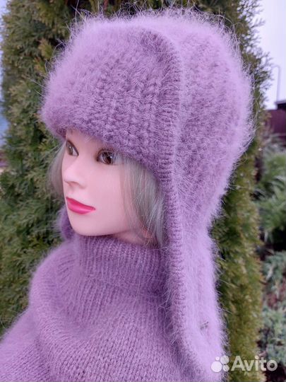 Шапка ушанка вязаная из пуха норки Варежки Снуд