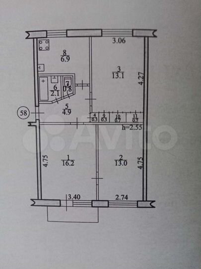 3-к. квартира, 59 м², 5/5 эт.